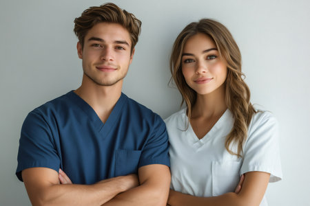 Portrait of two smiling doctors standing with arms crossed against a white background, conveying professionalism and teamworkの素材