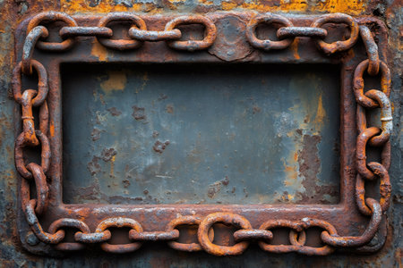 Rusty metal chain forming a frame on a corroded metal surface, creating a grunge background with copy spaceの素材