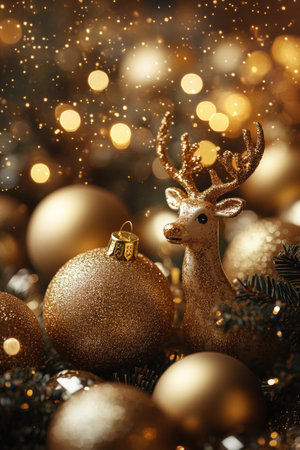 Christmas reindeer figurine and golden baubles creating a magical festive atmosphere with sparkling bokeh lightsの素材
