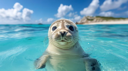 Adorable baby seal enjoying a swim in crystal-clear turquoise water near a beautiful sandy beachの素材