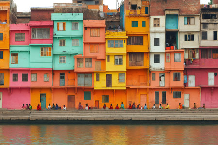 Locals relaxing by the river in front of a colorful residential building in Varanasi, Indiaの素材