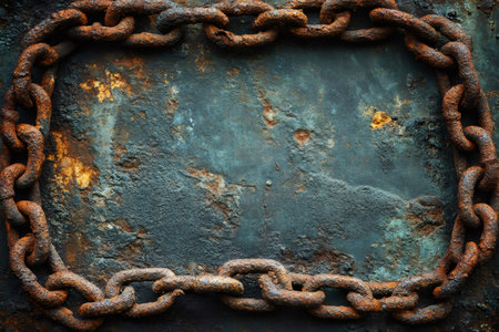 Rusty chain framing an old, weathered, corroded metallic background, creating a grunge, vintage, industrial aestheticの素材