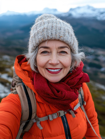 Senior woman hiker taking selfie while enjoying mountain landscapeの素材