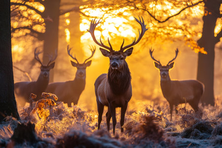 Red deer stags are standing in a frosty forest clearing, illuminated by the golden light of the rising sunの素材