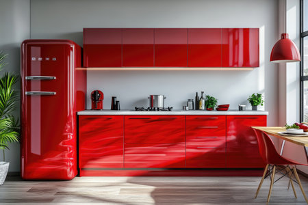 Stylish red kitchen featuring a retro refrigerator, contemporary cabinets, and a cozy dining areaの素材