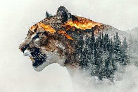 Double exposure portrait of a cougar combined with a scenic mountain landscape featuring a wildfire sunset and a snowy forestの素材