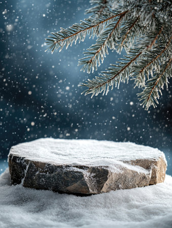 Empty snowy rock podium with pine tree branch during snowfall at night, perfect for product placementの素材
