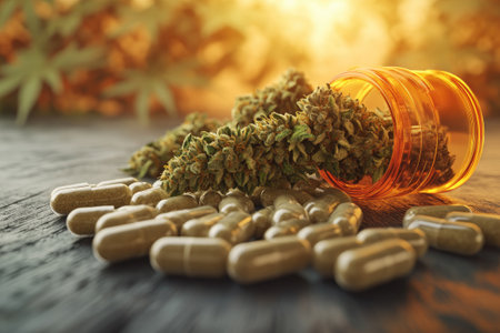 Cannabis buds and medical capsules spilling from prescription bottle on wooden table with warm sunset lightの素材
