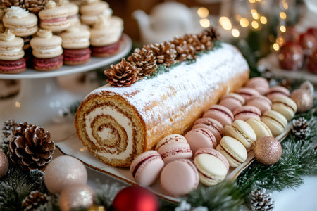 Delicious yule log cake decorated with pine cones, macarons, and icing sugar, creating a festive centerpiece for Christmas celebrationsの素材