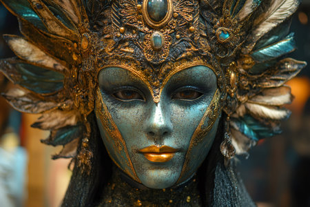 Close-up of a stunning turquoise and gold mask, adorned with feathers and jewels, creating a sense of ancient royalty and fantasyの素材
