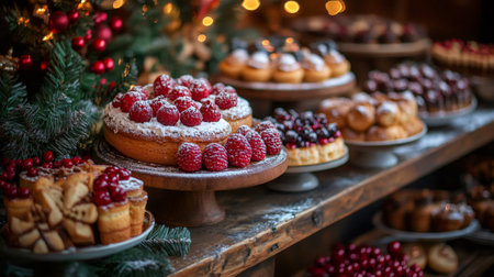Christmas cakes and pastries decorated with raspberries, cranberries, and powdered sugar are displayed on wooden shelves next to a decorated Christmas treeの素材