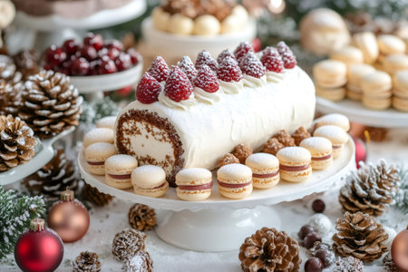 Delicious Christmas yule log cake decorated with raspberries and icing sugar, surrounded by macarons and festive decorationsの素材