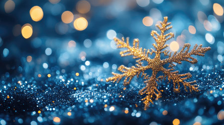 Golden glitter snowflake on sparkling blue glitter with falling snow and festive bokeh lights creating a magical Christmas sceneの素材