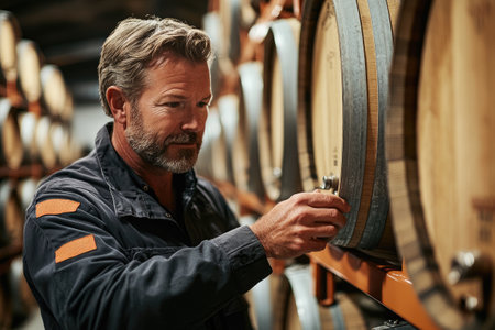 Winemaker inspecting oak barrels in cellar for wine productionの素材