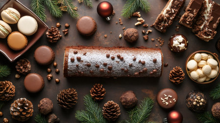 Chocolate yule log takes center stage amid an assortment of Christmas treats, creating a decadent holiday spreadの素材