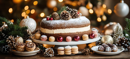 Delicious Christmas cake takes center stage, adorned with pine cones and berries, surrounded by colorful macarons, truffles, and sparkling ornaments, creating a warm and inviting holiday sceneの素材