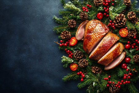 Sliced roasted duck on Christmas table, garnished with pine branches, berries, pine cones and tomatoesの素材