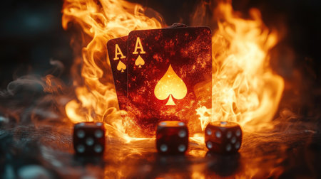 Two burning aces of spades with dice and smoke create a dramatic gambling conceptの素材