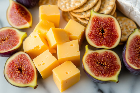 Sliced fresh figs, cheese cubes, and crackers arranged on a marble surface, composing a delightful snack or appetizer platterの素材