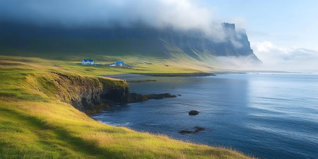 Breathtaking view of the Icelandic landscape, with green fields, cliffs, ocean, and mountains partially covered by cloudsの素材