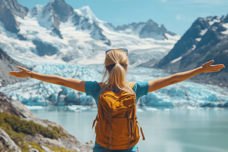 Female hiker with open arms enjoying a breathtaking view of a glacier lake and snowy mountain peaksの素材