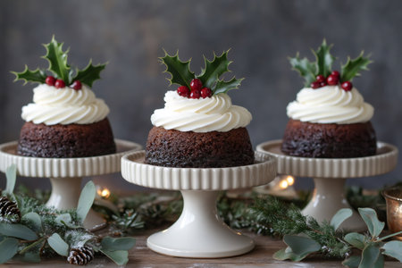 Three delicious Christmas pudding cakes decorated with holly berries and white frosting, perfect for a festive celebrationの素材