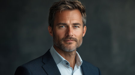 Portrait of confident businessman wearing suit and white shirt on dark backgroundの素材