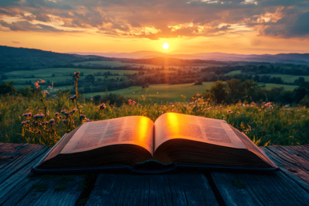 An open book lies on a wooden surface, reflecting the golden light of a beautiful sunset over a serene countryside landscapeの素材