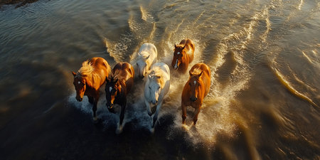 Horses running in a river at sunset, creating a beautiful and dynamic sceneの素材
