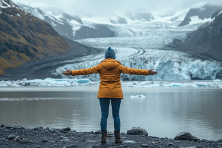 Woman opening arms in front of svinafellsjokull glacier lagoon, embracing the moment in icelandの素材