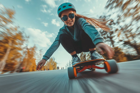 Teenager girl wearing helmet and sunglasses riding longboard on asphalt road in parkの素材