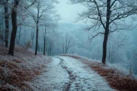Snow covered path winds through a frosty winter forest on a misty dayの素材