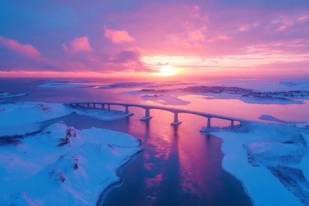 Pink and purple sunset over snowy islands and bridge in Norway, aerial viewの素材