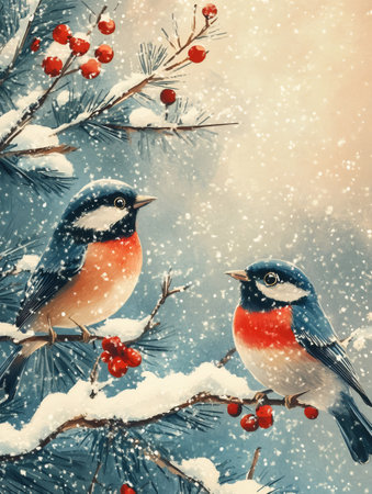 Varied tits are perching on a snowy pine tree branch with red berries while snowflakes are gently falling, creating a serene winter sceneの素材