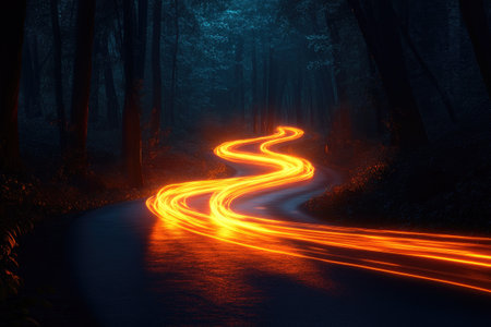 Long exposure of car light trails making an orange luminous path through a dark forestの素材