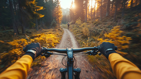 Mountain biker enjoying a ride on a scenic forest trail during a vibrant sunsetの素材