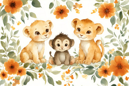 Watercolor painting of two adorable lion cubs and a cute baby monkey sitting together, surrounded by orange flowers and green leavesの素材