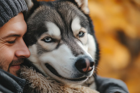 Man cuddling his furry friend in a warm embrace against a blurred autumn backgroundの素材