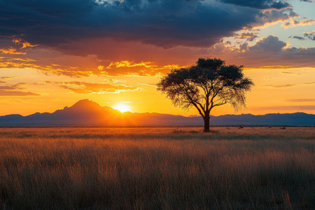 Stunning sunset over the African savanna with an acacia tree and Mount Kilimanjaro in the backgroundの素材