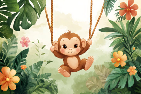 Adorable baby monkey enjoys swinging through lush jungle foliage in this charming wildlife illustrationの素材
