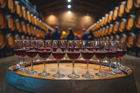 Wine glasses filled with red wine standing on a barrel during a wine tasting in a winery cellarの素材