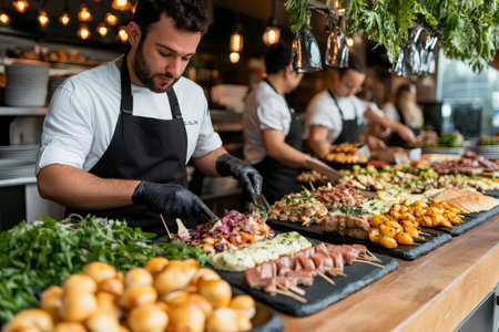 Chef wearing black gloves preparing skewers with various grilled food for a catering event in a restaurant kitchenの素材