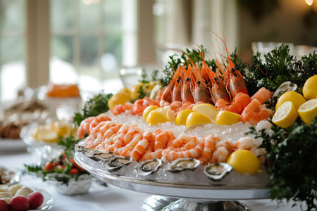 Fresh seafood display featuring shrimp, oysters, and lemon slices on iceの素材