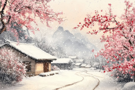 Snow falling on a traditional Japanese village with cherry blossoms in bloom, creating a serene and beautiful winter sceneの素材