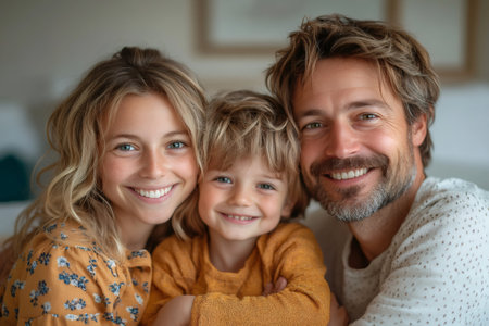 Portrait of a cheerful family, mother, father, and child, smiling together in their home, capturing a heartwarming moment of family bonding and happinessの素材