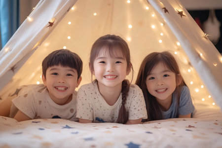Three young children are lying down and smiling inside a blanket fort decorated with string lightsの素材