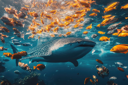 Large whale shark swimming underwater surrounded by a school of small orange fishの素材