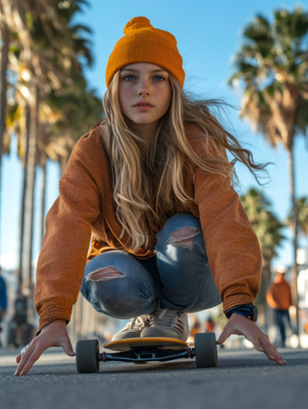 Teenager crouching on her skateboard wearing orange beanie and jacket, enjoying a sunny day outdoorsの素材