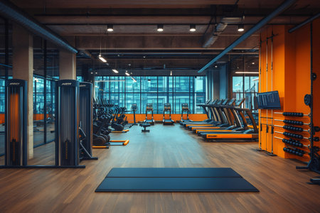 Exercise equipment stands ready for a workout in an empty modern gym with large windows and a city viewの素材