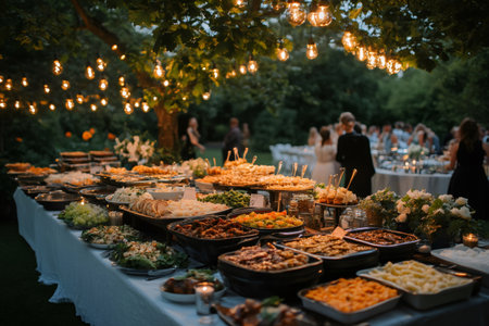 Guests enjoying an evening wedding reception with a buffet table filled with a variety of delicious food under the soft glow of string lightsの素材